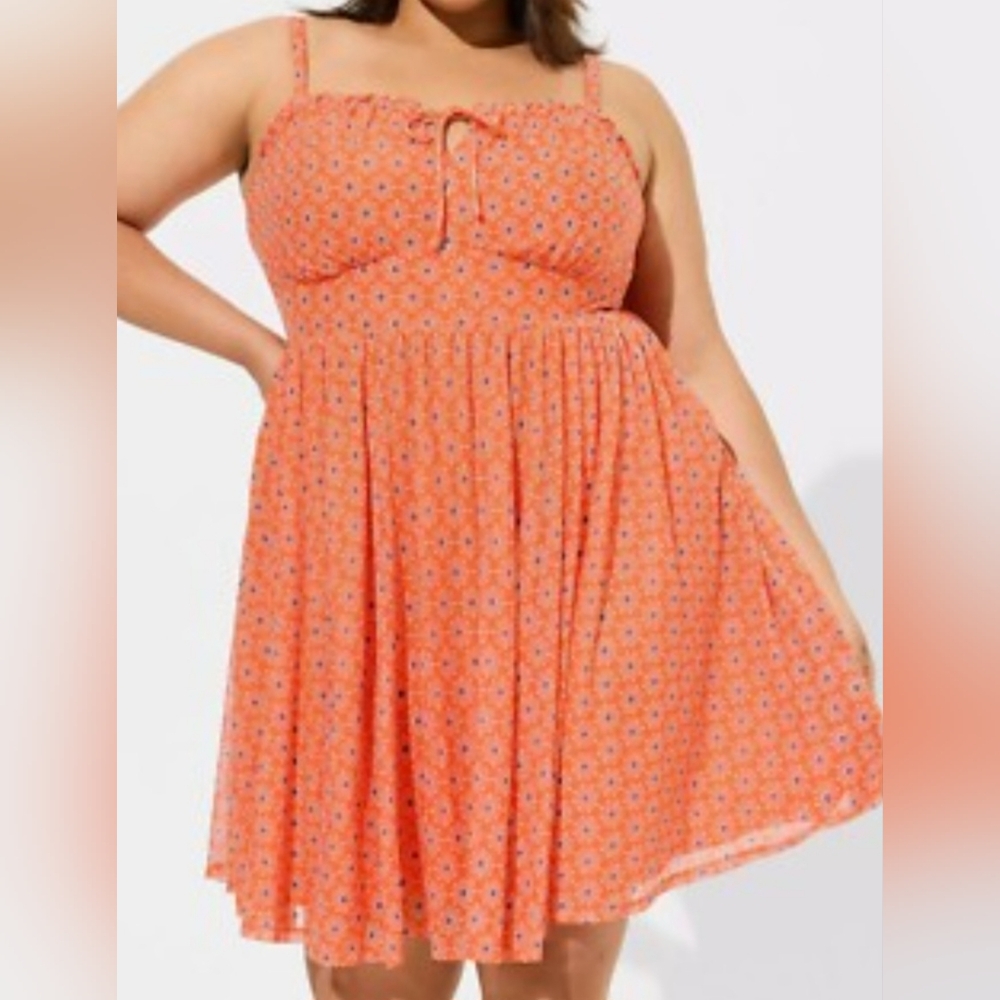 Torrid Dress Orange Mesh Cami Shirred Bust Skater Summer Pockets women's size 0